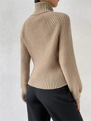 Mocha ribbed turtleneck knit sweater with long sleeves and a fitted silhouette.