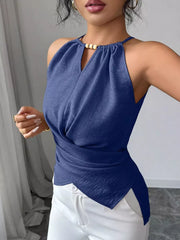Denim blue gathered neck crisscross wrap cami with beaded neckline detail