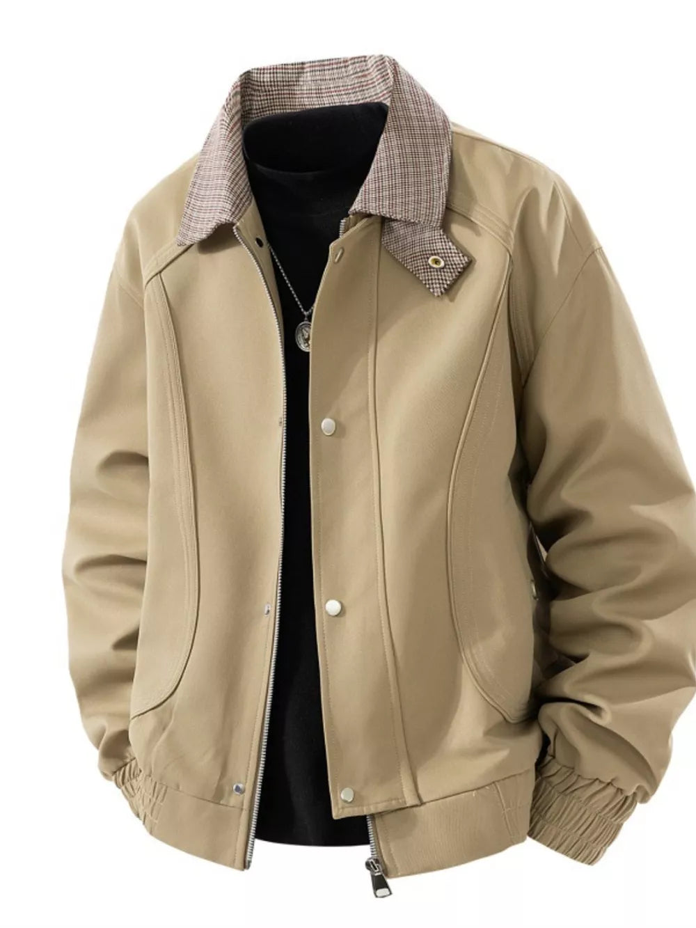 Khaki zip-up jacket with plaid collar and button details.