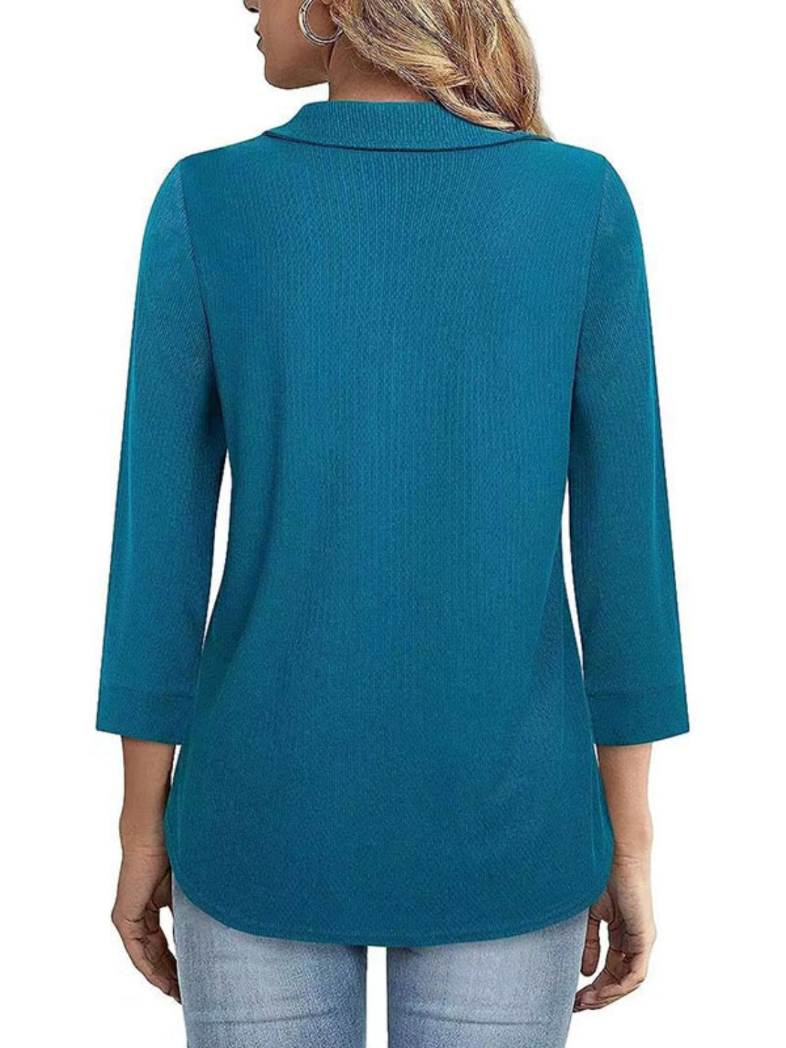 Peacock blue textured polo top with 3/4 sleeves and a collar.