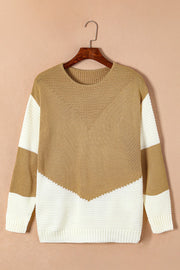 Chroma Chic Roundneck Knit sweater in tan and white colorblock, acrylic knit with chevron detail.