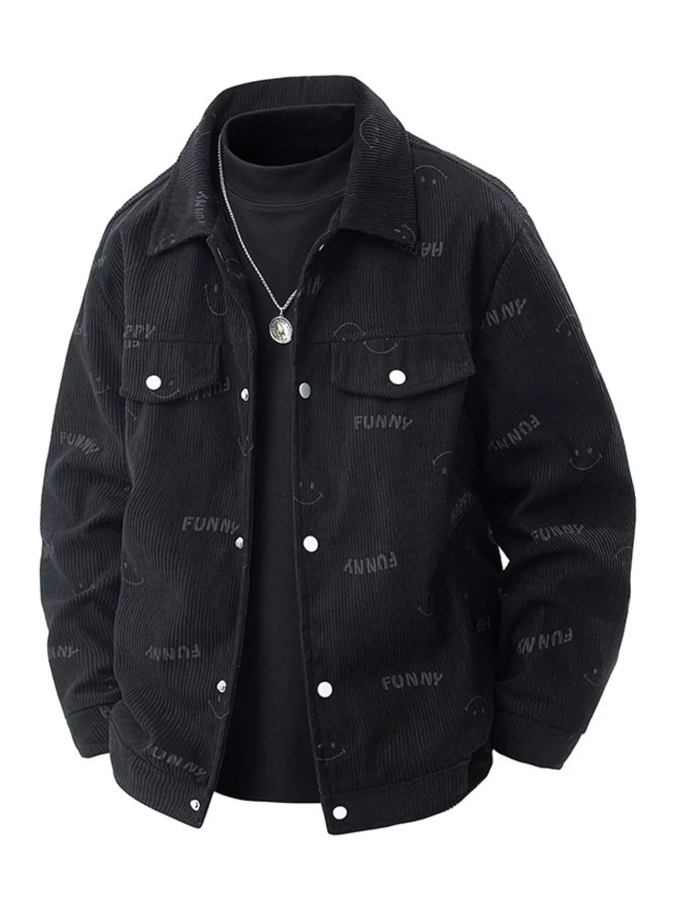 Black corduroy casual jacket with all-over smiley face and "FUNNY" print.