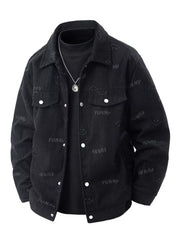 Black corduroy casual jacket with all-over smiley face and "FUNNY" print.