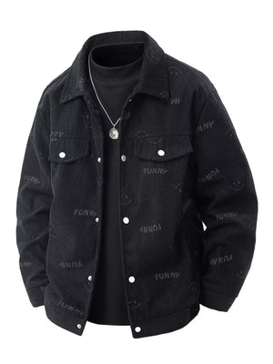 Black corduroy casual jacket with all-over smiley face and "FUNNY" print.