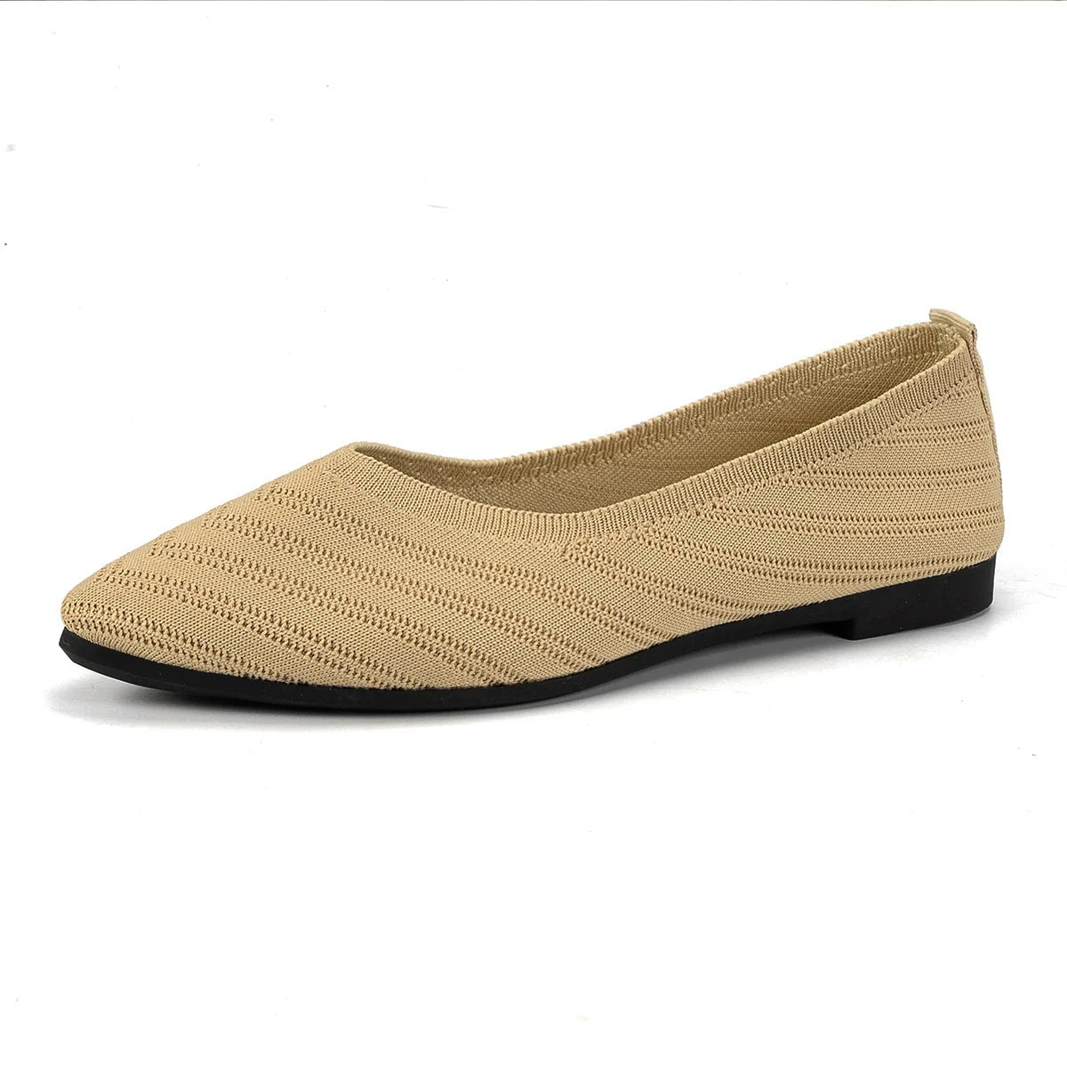Beige knitted pointed-toe ballet flats with a subtle striped pattern.