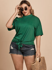 Forest green tee with asymmetric shoulder knot detail and short sleeves