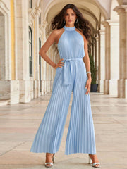 Light blue halter neck pleated palazzo jumpsuit with belted waist.