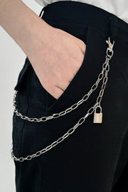 Silver double chain wallet chain with padlock accessory for pants