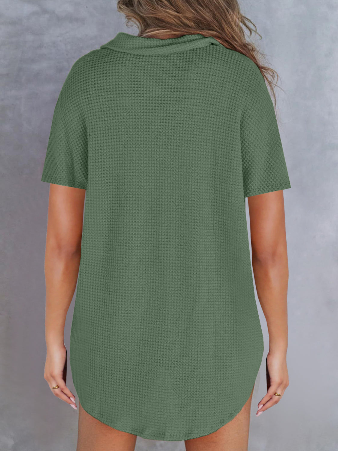 Sage waffle knit polo shirt with short sleeves and button detail