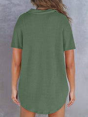 Sage waffle knit polo shirt with short sleeves and button detail