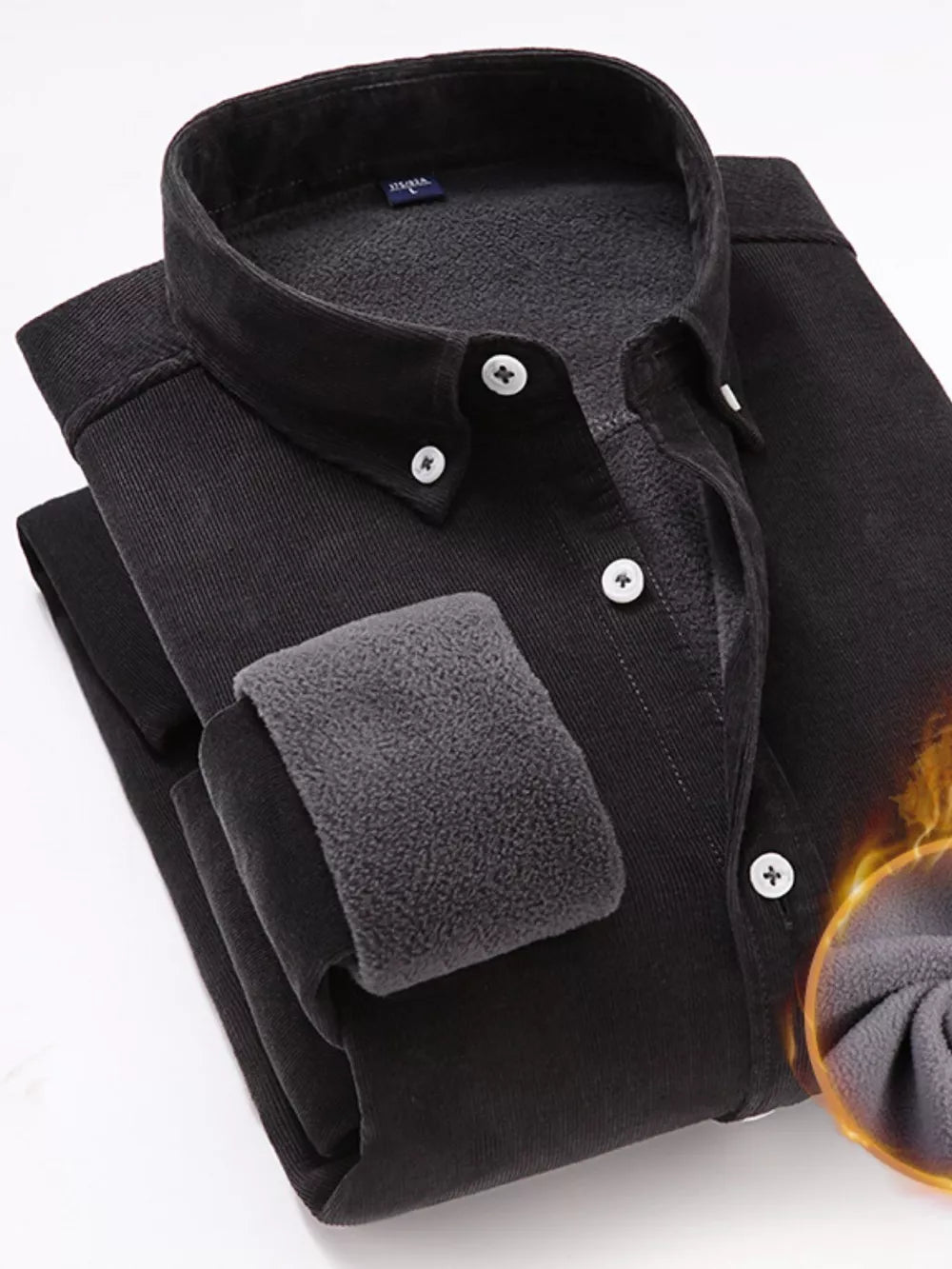 Men's dark gray corduroy button-down shirt with fleece lining and white buttons.
