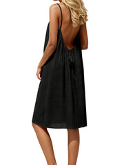 Black backless spaghetti strap midi dress with tie detail
