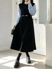 Contrast Sleeve A-line Dress With Belt, front view