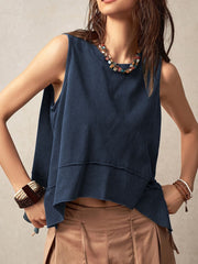 Navy asymmetric tank top with raw edge hem and layered detail.