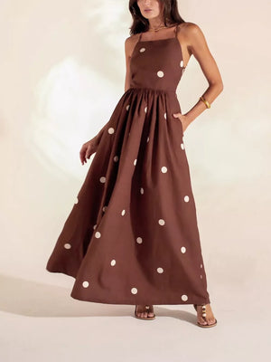 Brown polka dot maxi dress with pockets, square neck, backless, ankle length