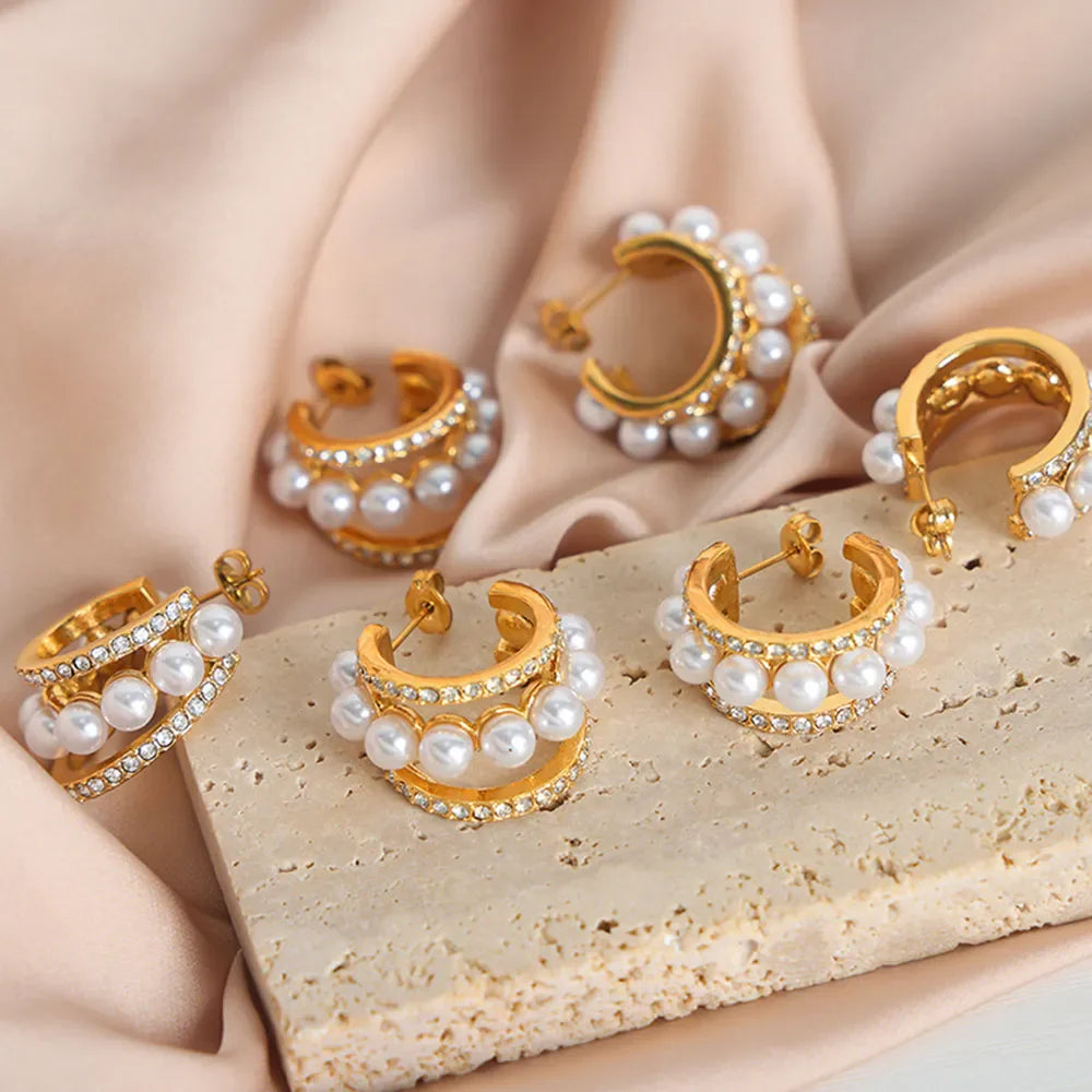 Gold double hoop earrings with pearls and pave crystals