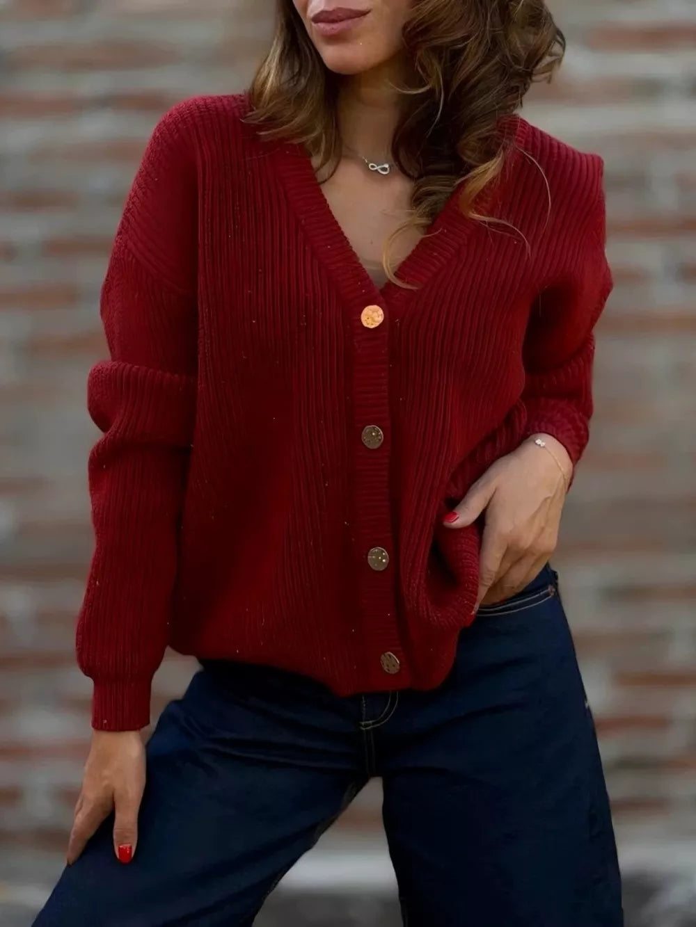 Full Size V-neck Button-up Knit Cardigan Plus Size in Deep Red, fabric detail
