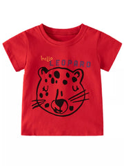 Red cotton toddler t-shirt with leopard graphic and "hello LEOPARD" text.