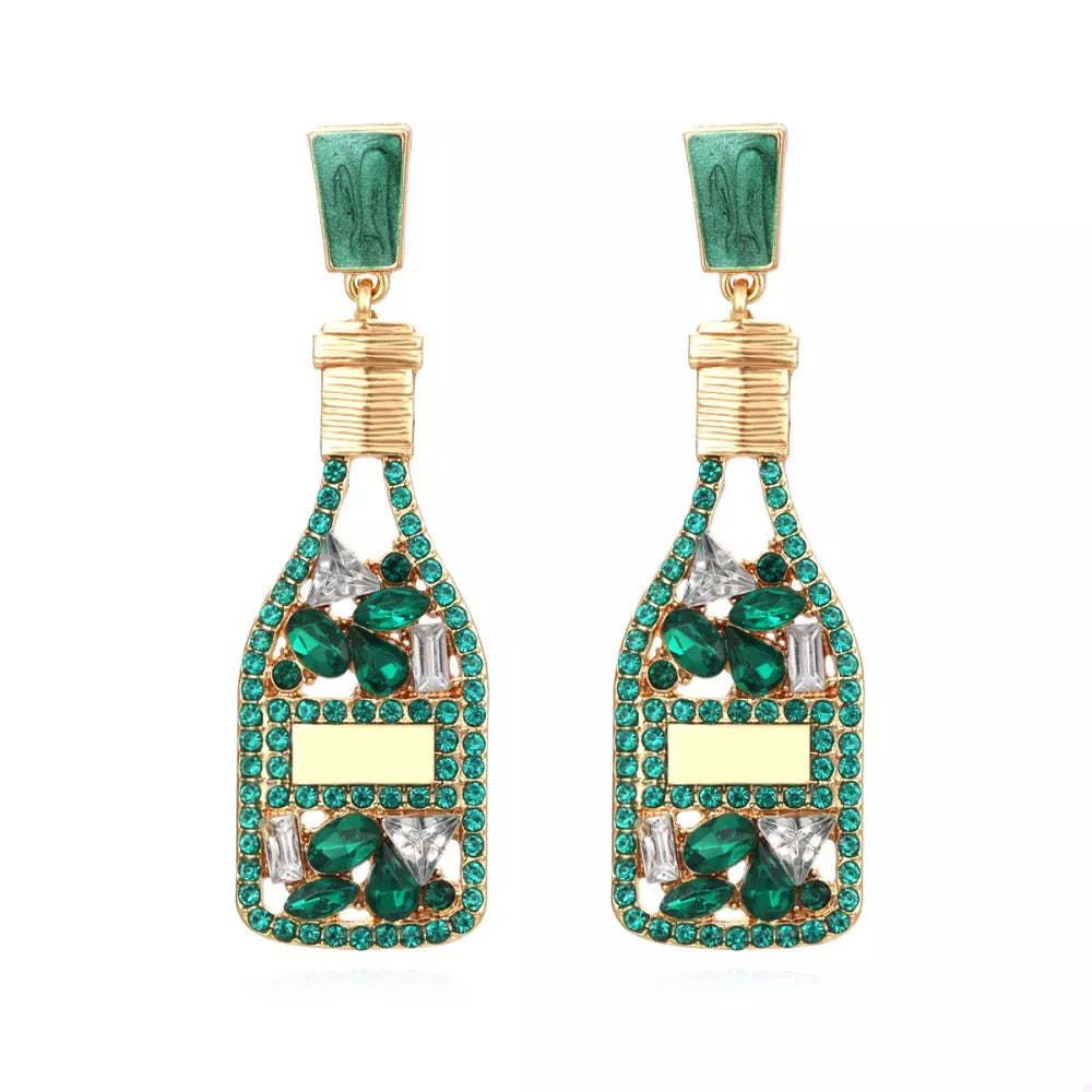 Green champagne bottle drop earrings with gold accents and clear crystals