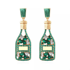 Green champagne bottle drop earrings with gold accents and clear crystals