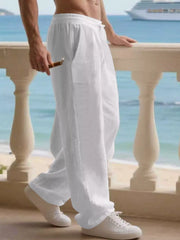 Men's white linen drawstring joggers with pockets, relaxed fit