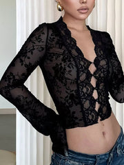 Black lace sheer sleeve t-shirt with floral burnout pattern and button front detail