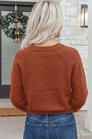 Ribbed Knit Round Neck Short Sleeve Sweater in Brown, side view