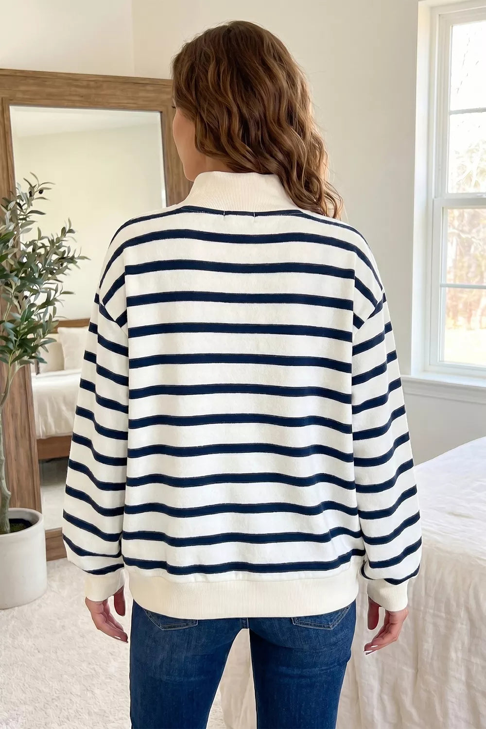 Striped Stand Neck Long Sleeve Sweatshirt in Stripe, side view