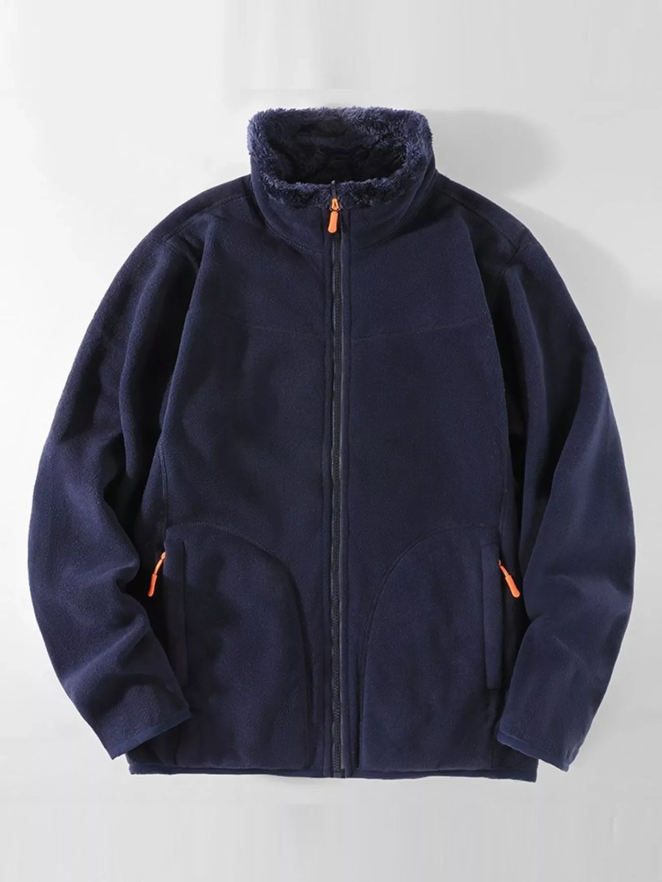 Navy fleece lined full zip sweatshirt with faux fur collar and orange zipper accents.