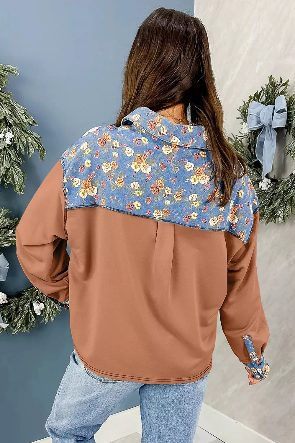 Floral Denim Patchwork Collar V Neck Pullover Shirt in Pastel Yellow with patchwork