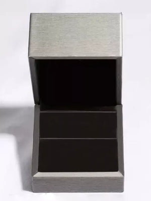 Gray ring box with open lid and black interior