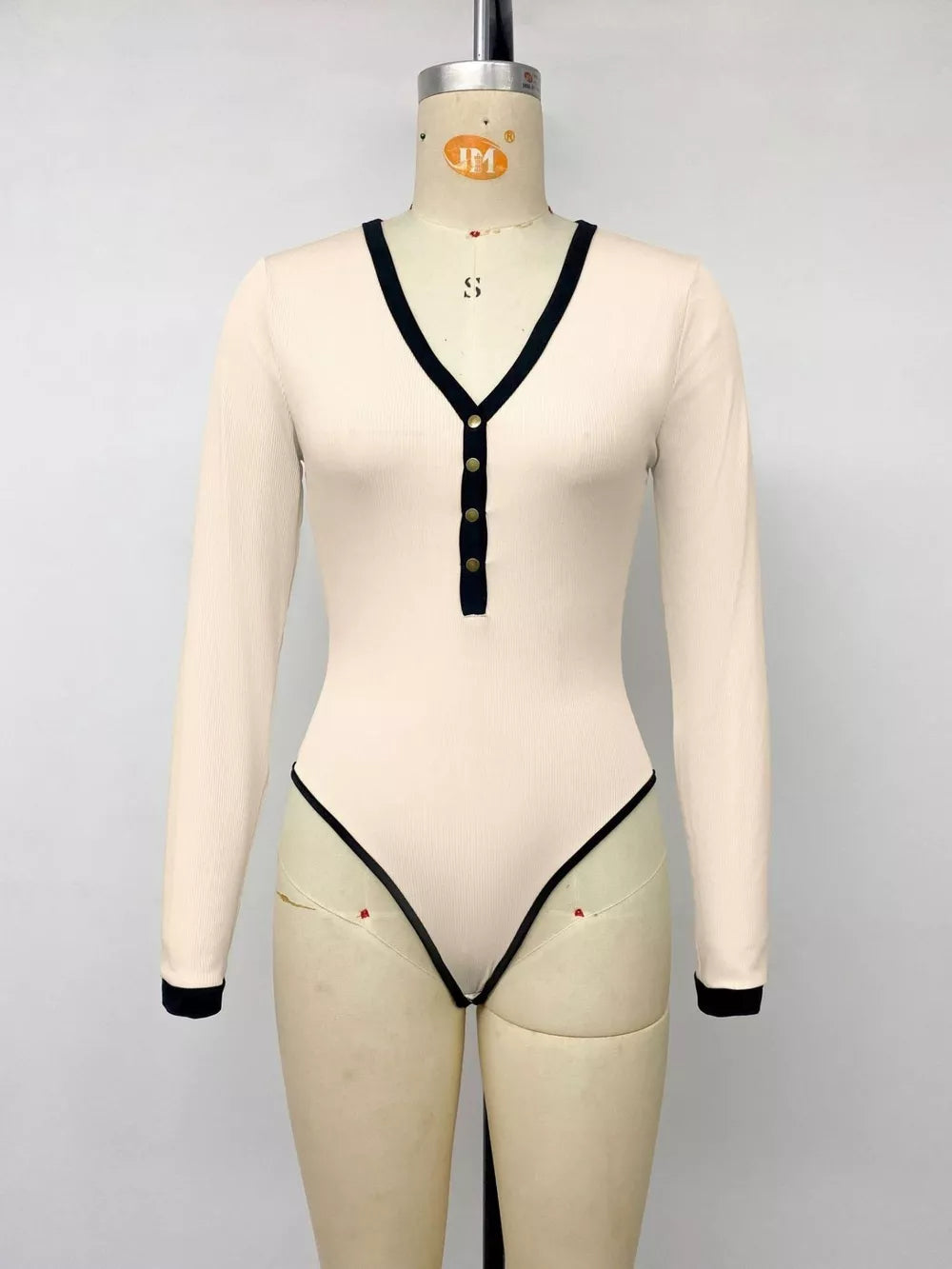 Ribbed V-neck Long Sleeve Bodysuit in Tan, fabric detail