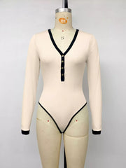 Ribbed V-neck Long Sleeve Bodysuit in Tan, fabric detail