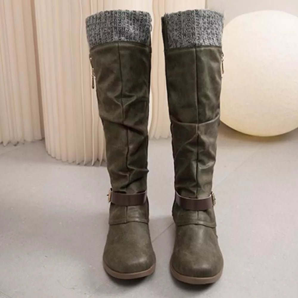 Matcha green suede slouch knee-high boots with knit detail and buckle strap.