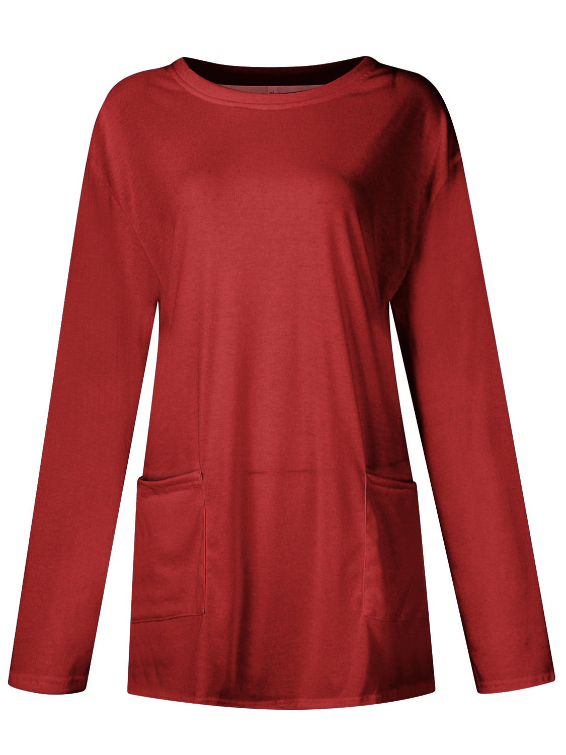 Relaxed fit tunic in Deep Red with crew neck, long sleeves, and two patch pockets.