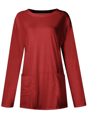 Relaxed fit tunic in Deep Red with crew neck, long sleeves, and two patch pockets.