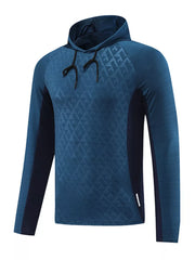 Men's Ink Blue geometric hooded sweatshirt with drawstring and contrasting side panels.