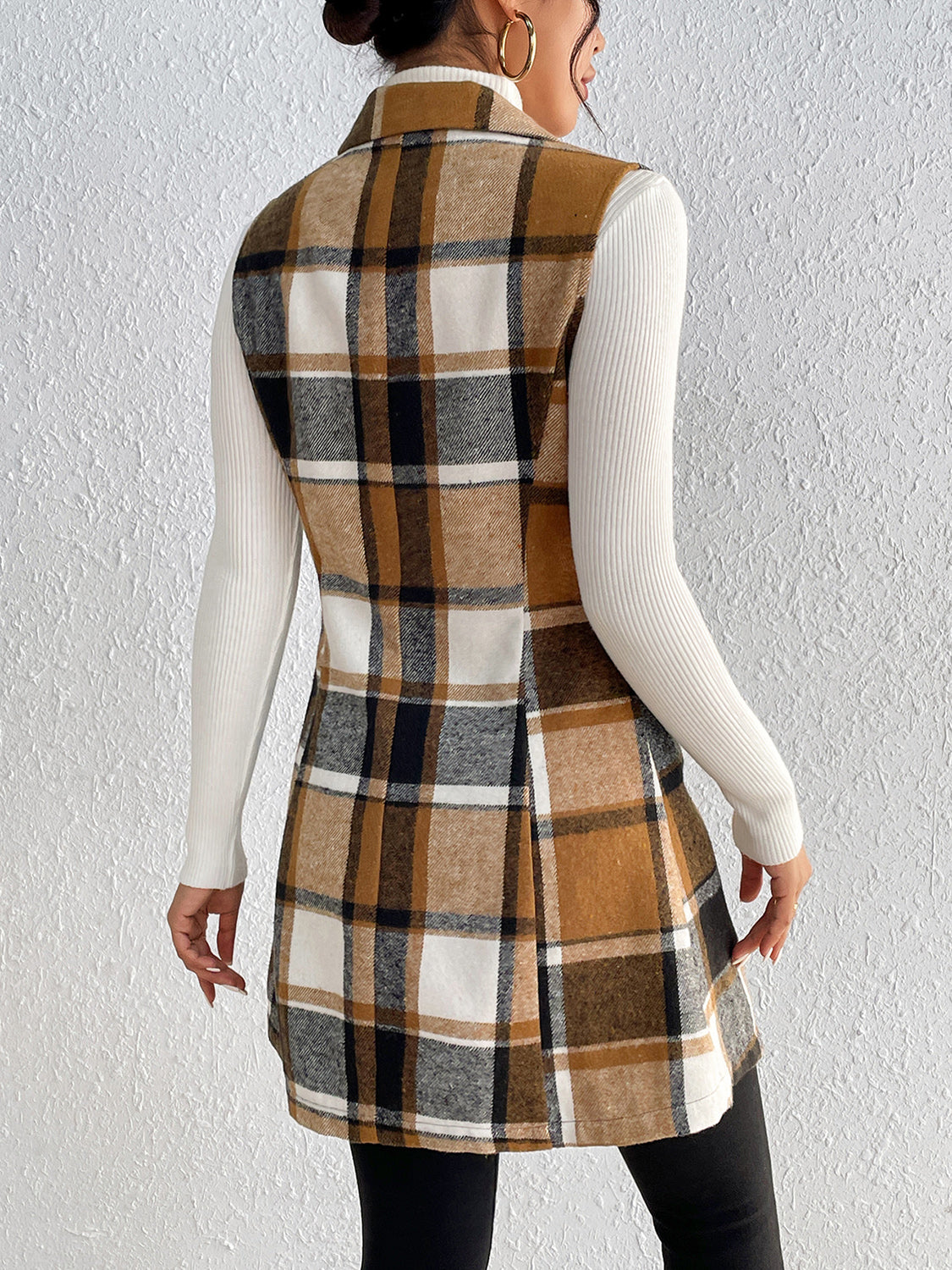 Camel plaid blazer vest with tailored silhouette and lapel collar.