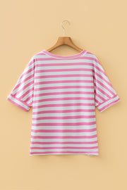 Striped blush pink and white t-shirt with short sleeves and a rounded neckline.