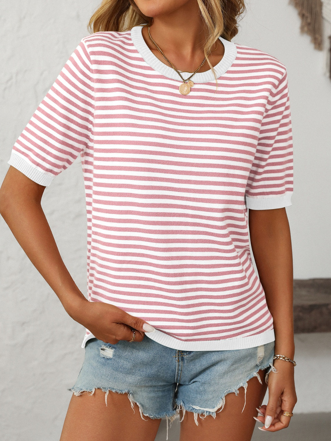 Blush pink and white striped knit tee with contrast white trim and crew neck.