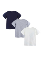 Toddler boys' cotton t-shirts in navy, grey, and white, short sleeve, crew neck.