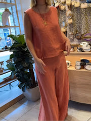 Apricot relaxed fit tank and wide-leg pants set with round neckline and sleeveless top.