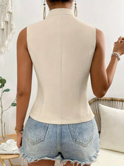 Tan sculpted lapel button-down vest with a mock neck and tailored fit.