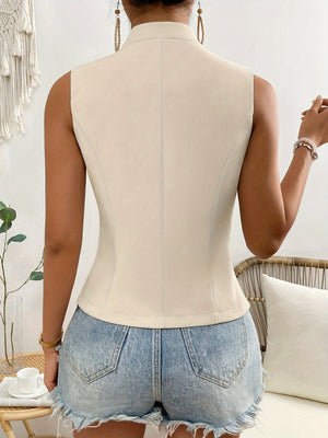 Tan sculpted lapel button-down vest with a mock neck and tailored fit.