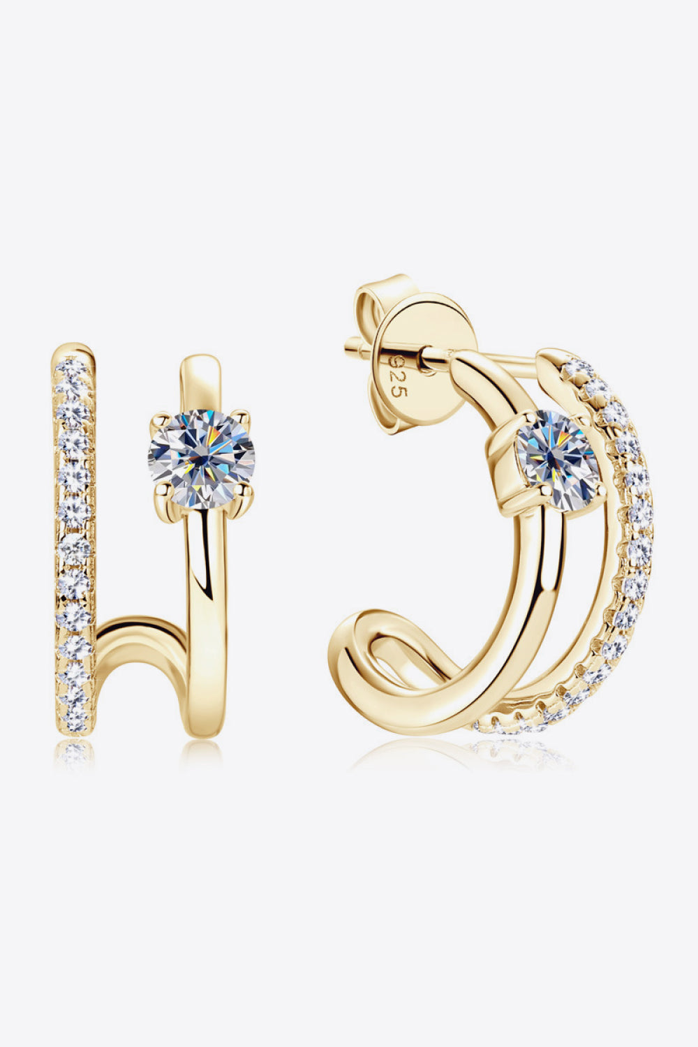 Gold double-band hoop earrings with pavé and solitaire stones