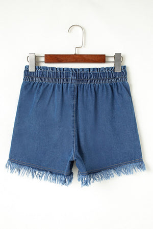Navy denim drawstring shorts with frayed hem and elastic waistband.