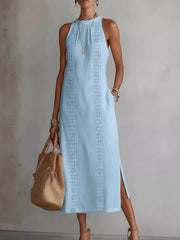 Sky blue sleeveless midi dress with geometric trim and pockets.