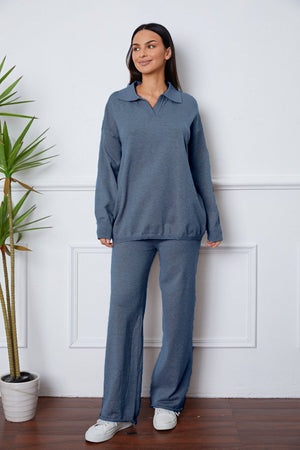 Relaxed knit polo co-ord set in Misty Blue with wide leg pants and long sleeves.