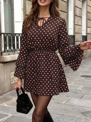 Polka Dot Flare Sleeve Tie Neck Dress in Coffee Brown, back view