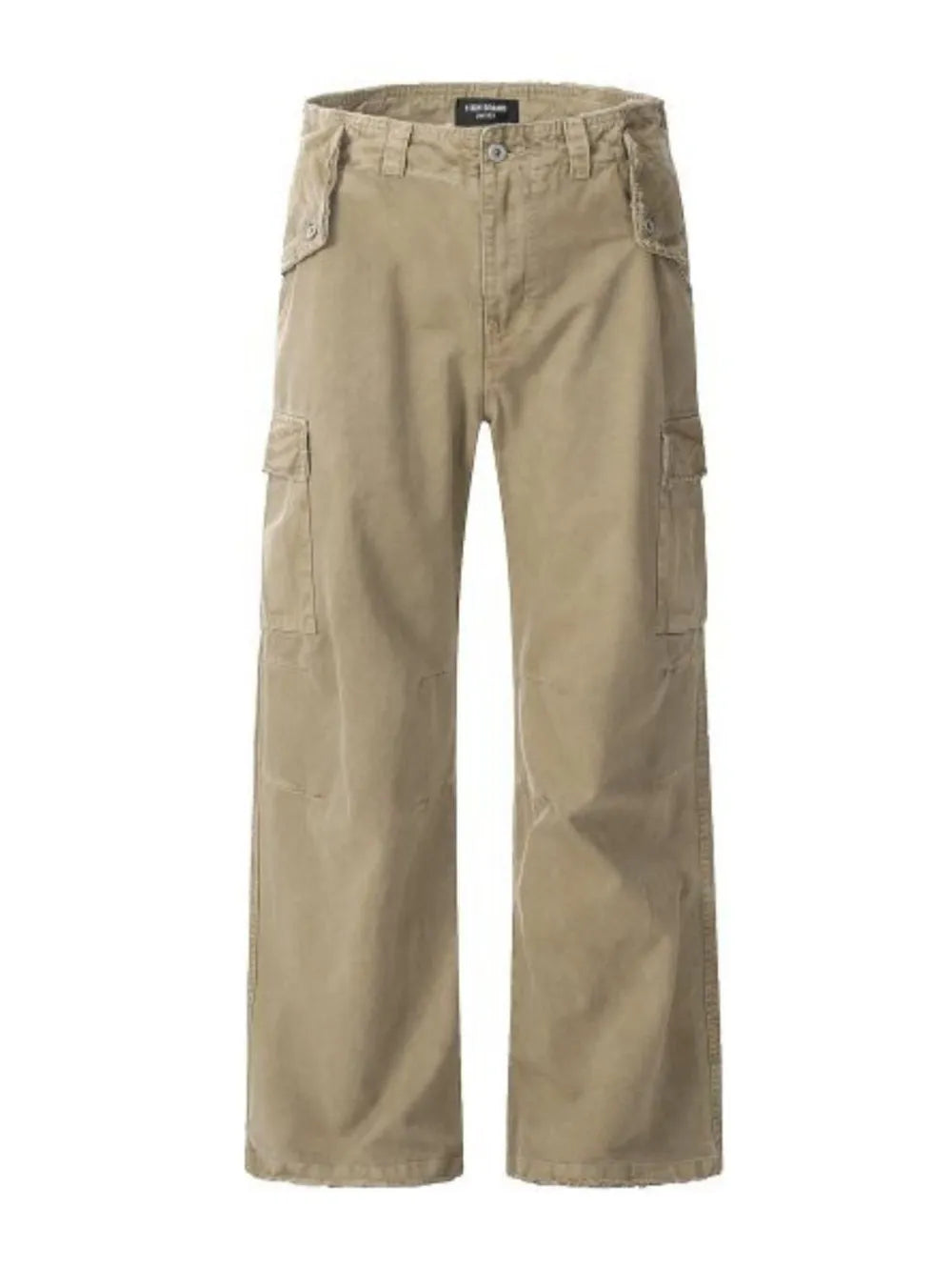 Khaki distressed utility wide-leg cargo pants with multiple pockets.